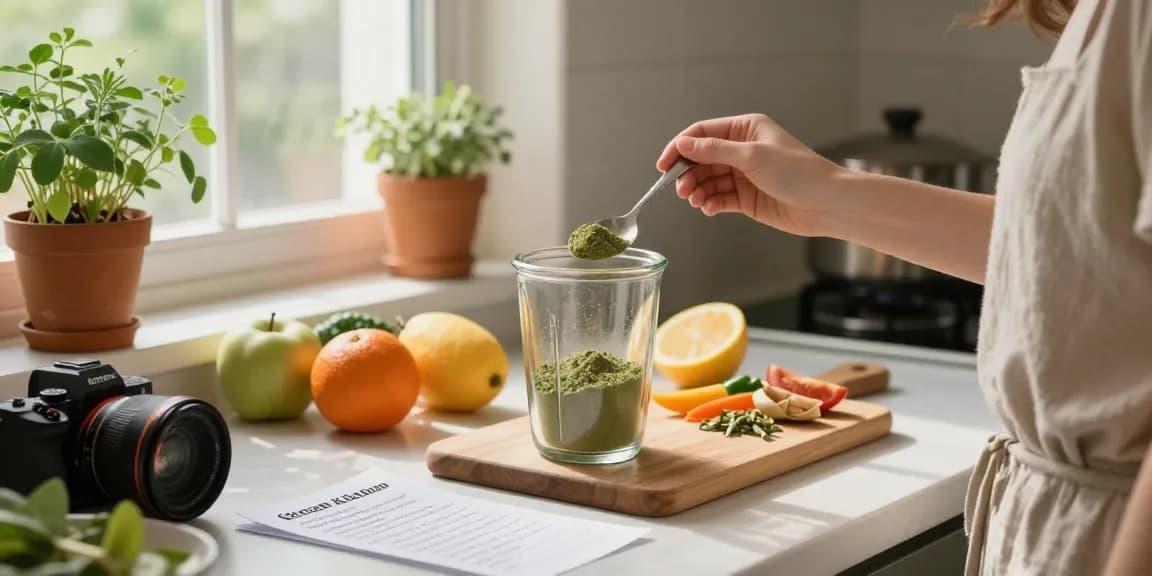 Preparing Green Vietnam Kratom powder in a sunny kitchen, showcasing natural wellness.