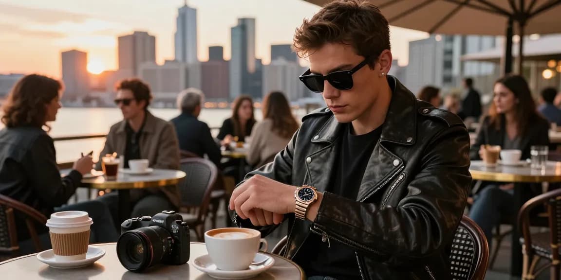 Stylish individual checking their super clone watch in a trendy urban cafe.