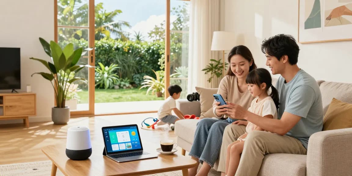 Family enjoying comfort in a modern living room, adjusting their smart thermostat for optimal temperature control.