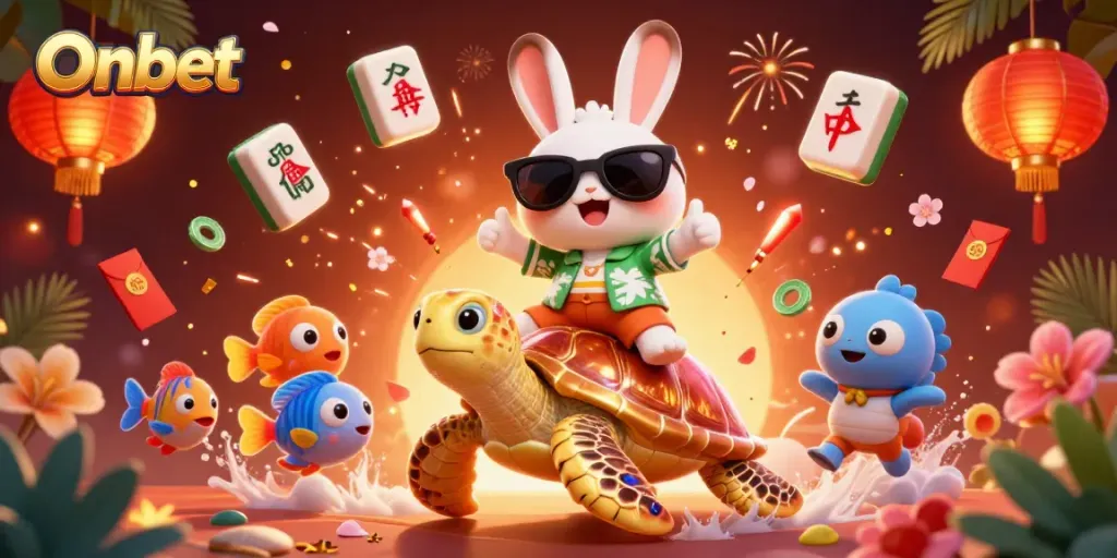 Engage with Onbet's vibrant gambling scene featuring a lucky rabbit and golden turtle.