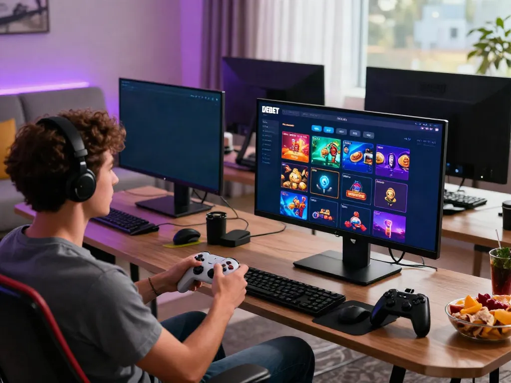 Engaging online gaming experience featuring DEBET's platform with colorful casino games and sports betting visuals