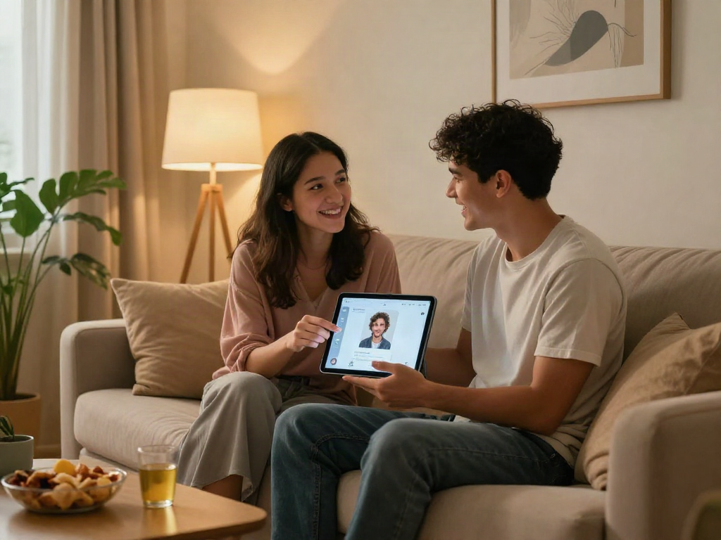 Engaging ai sex chat scene in modern apartment, showcasing intimacy and connection