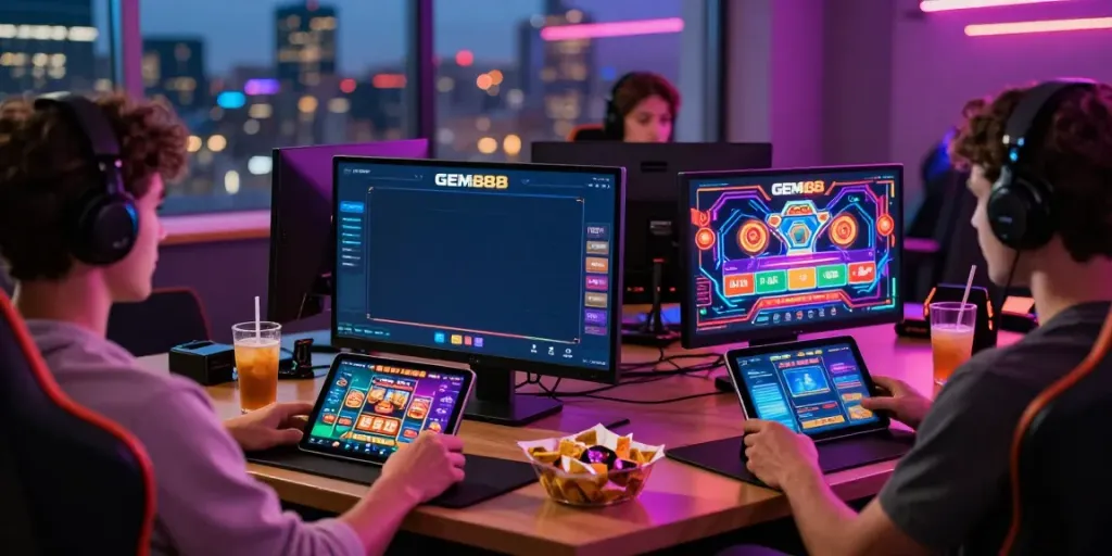 Engaged gamer exploring GEM88 online platform amidst vibrant gaming devices.
