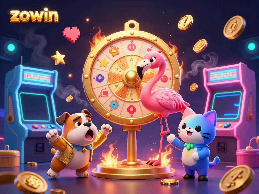 Experience the excitement of zowin with a vibrant 3D casino scene full of colorful gaming elements.