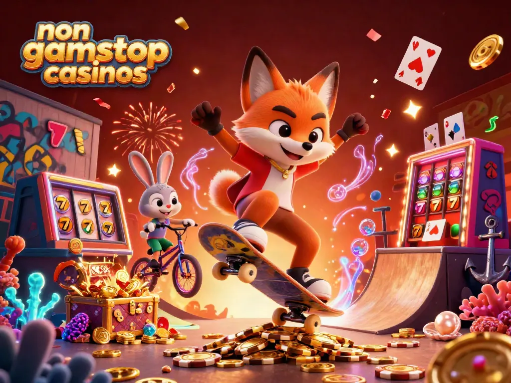 Experience thrilling action at non gamstop casinos with a skateboarder fox and BMX rabbit in a vibrant casino setting.
