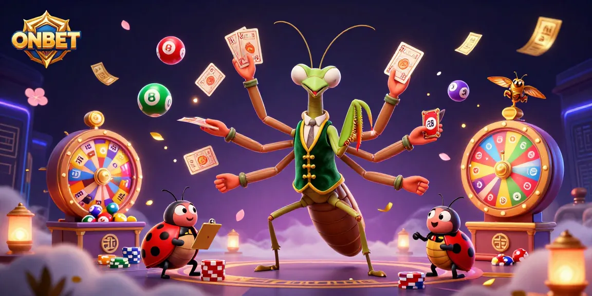 Experience excitement with ONBET's vibrant casino scene featuring a lively mantis card sharp.