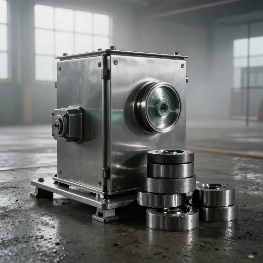 Industrial vision housing with steel samples in a misty loading bay at dawn.