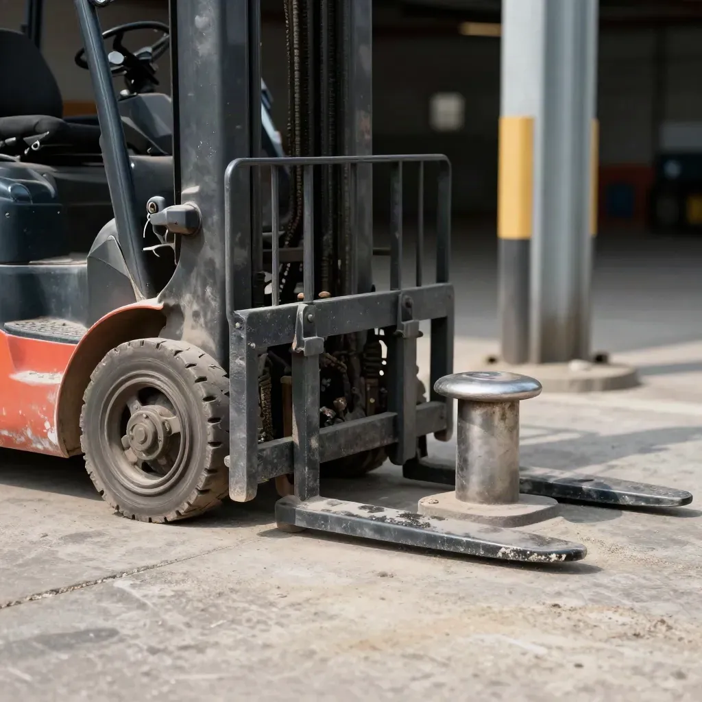 Loading bay still life with wheel chock, dock bumper, corner guard and steel bollard cap.