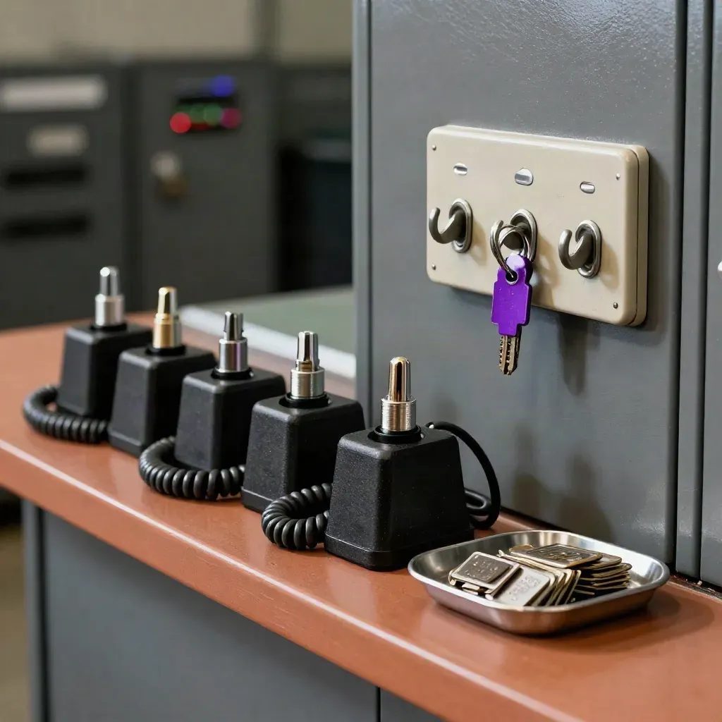 Radio charger docks, key rack, and shift tokens on a console shelf in moody light.