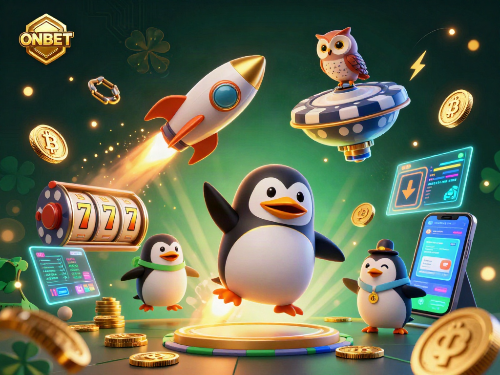 Experience excitement with ONBET in a vibrant 3D space casino scene featuring a golden penguin and digital gaming elements.