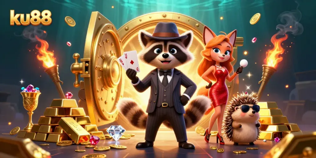 Engage in exciting games at ku88, where a suave raccoon deals cards in a high-stakes casino environment.