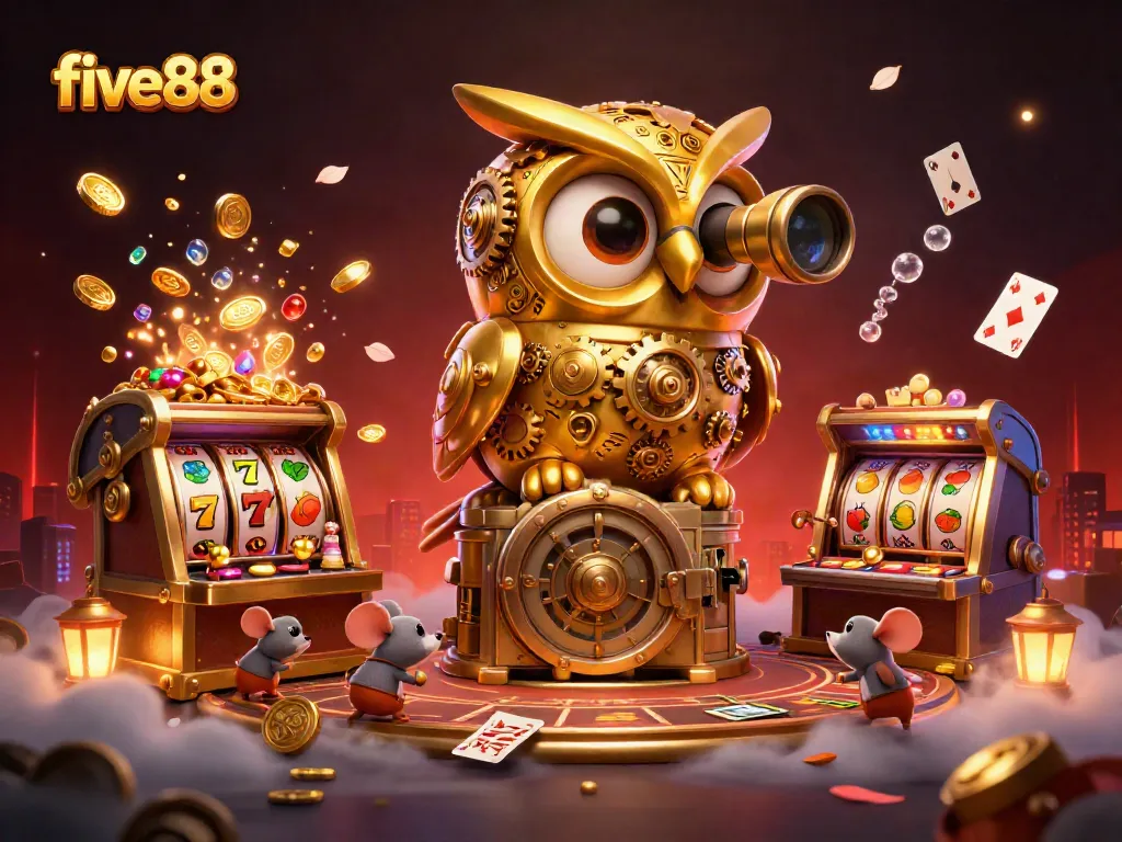 five88 showcases a vibrant casino scene with a golden clockwork owl amidst rich game elements.