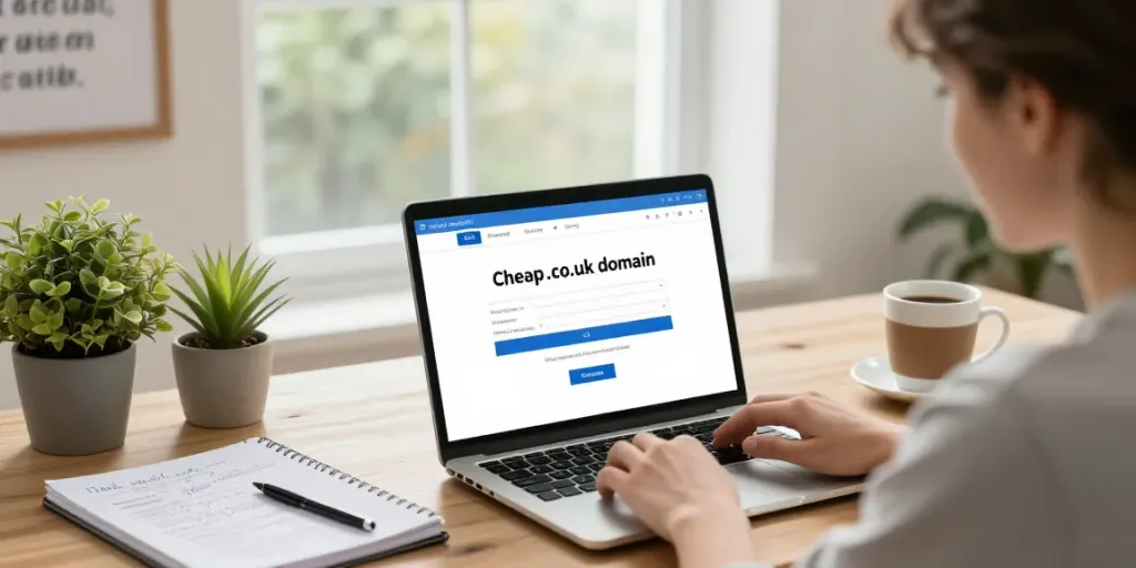 Registering a cheap .co.uk domain in a modern workspace with a laptop and branding notes.