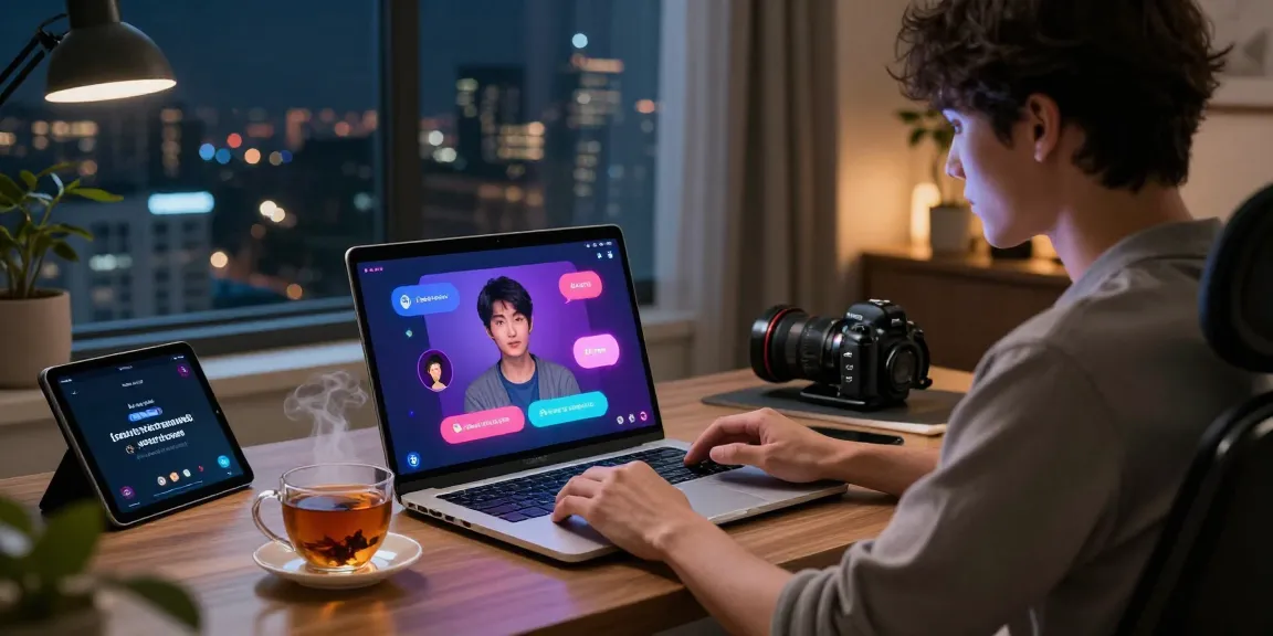 Engaging in ai sex chat on a laptop in a cozy modern office setting.