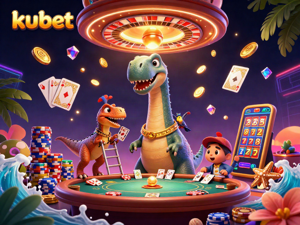 Experience kubet's excitement with a 3D dinosaur dealing cards in a vibrant casino.