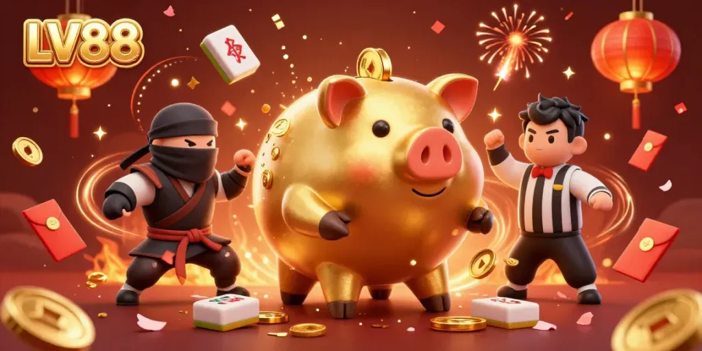 Experience the thrilling online gaming action with LV88 featuring dynamic characters and festive elements.