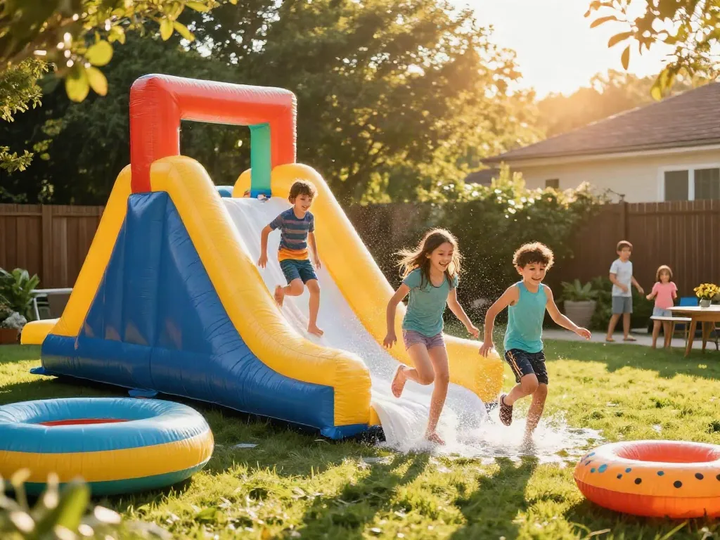Children sliding down a colourful slip and slide in a sunny garden, enjoying summer fun.