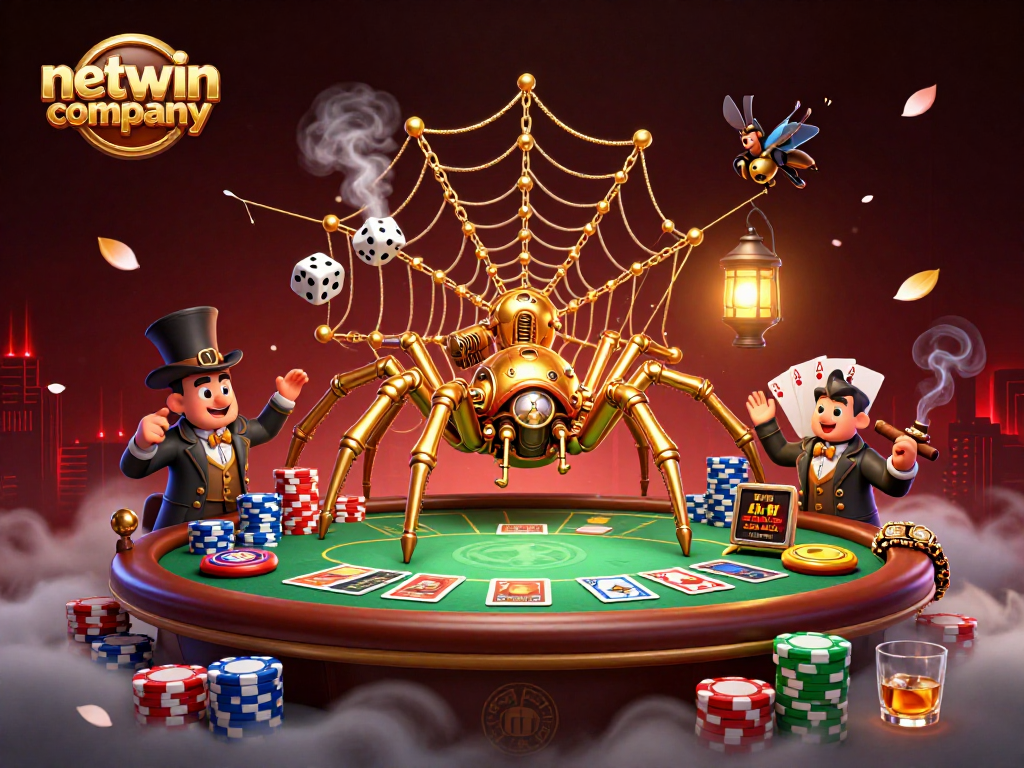 Engage with the Netwin company in a vibrant casino scene featuring a steampunk spider and poker elements.