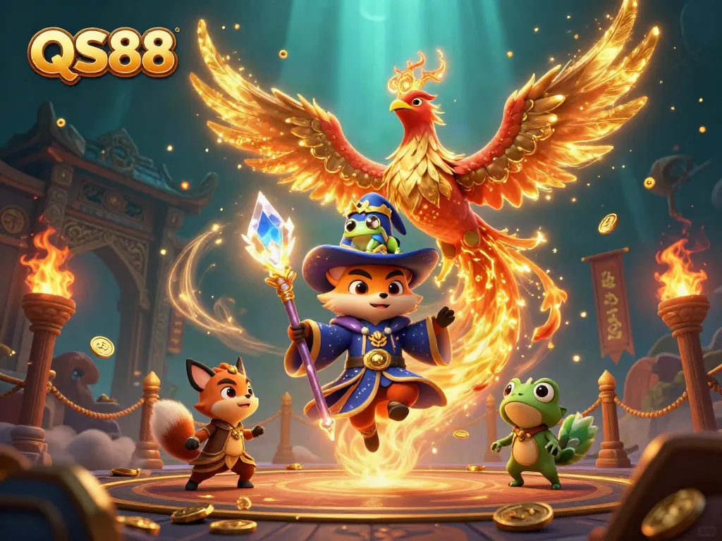 Experience the excitement of QS88 with magical characters, casino elements, and dynamic action in a vibrant illustration.