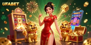 Spin the reels with UFABET's vibrant casino experience featuring a stunning cheongsam-clad woman.