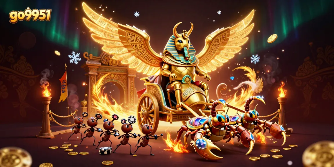Experience thrilling action at go9951 featuring a pharaoh beetle and scorpions in a dynamic casino scene.