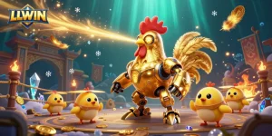 LLWIN's golden rooster robot showcases dynamic casino energy amidst a vibrant gaming atmosphere.