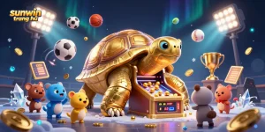 Engage with sunwin trang chủ through vibrant casino experiences of the animated golden tortoise and excited players surrounded by dynamic game elements.