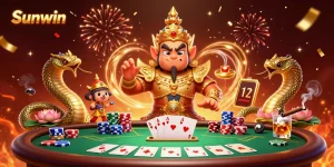 Sunwin gaming scene with a Thai temple guardian, poker chips, and a celebration atmosphere.