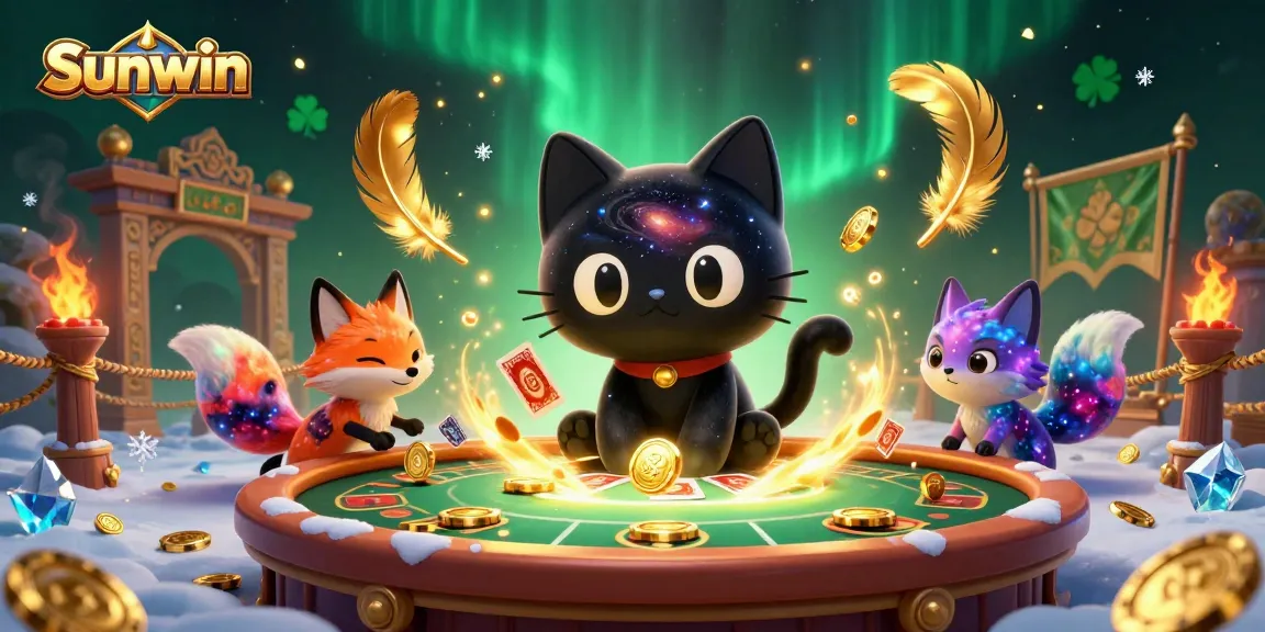 Sunwin offers a captivating cosmic casino experience with golden chips and vibrant characters in action.