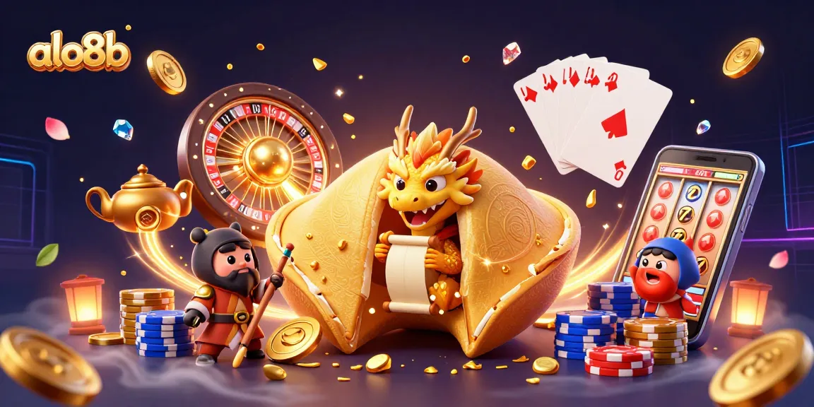 Join the adventure with ALO8B’s vibrant casino scene featuring a golden fortune cookie, dragon, and slot action.