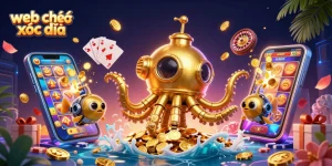 Experience the thrill of web chơi xóc đĩa with a 3D casino atmosphere, featuring golden kraken and game elements.
