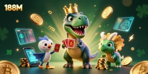 Experience the thrilling world of 188M as cartoon dinosaurs engage in card shuffling and chip stacking.