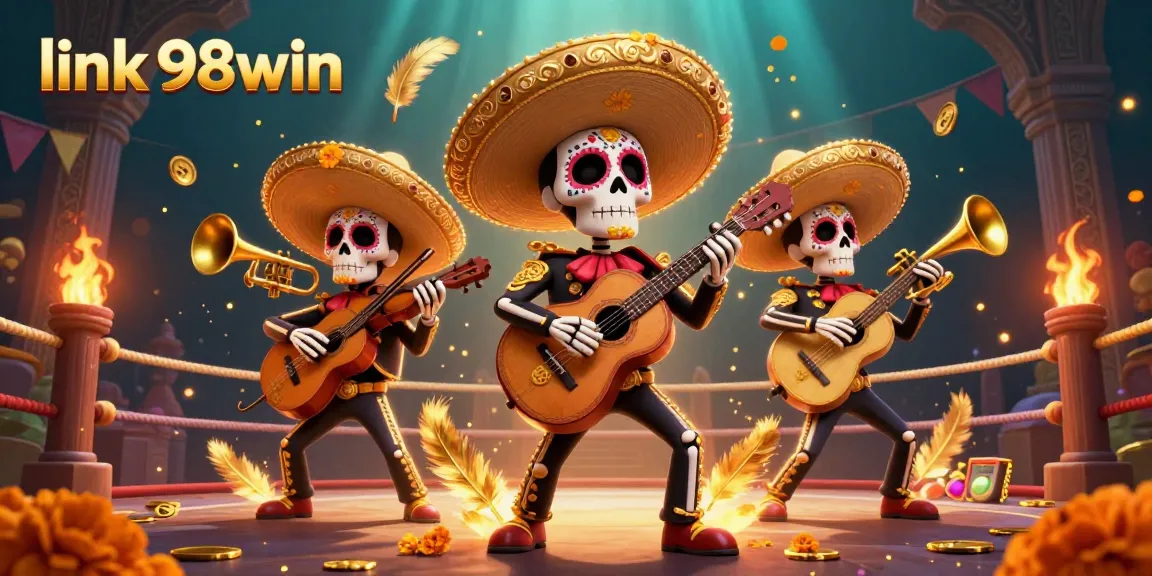 Experience thrilling action at link 98win with vibrant mariachi skeletons amidst casino elements.