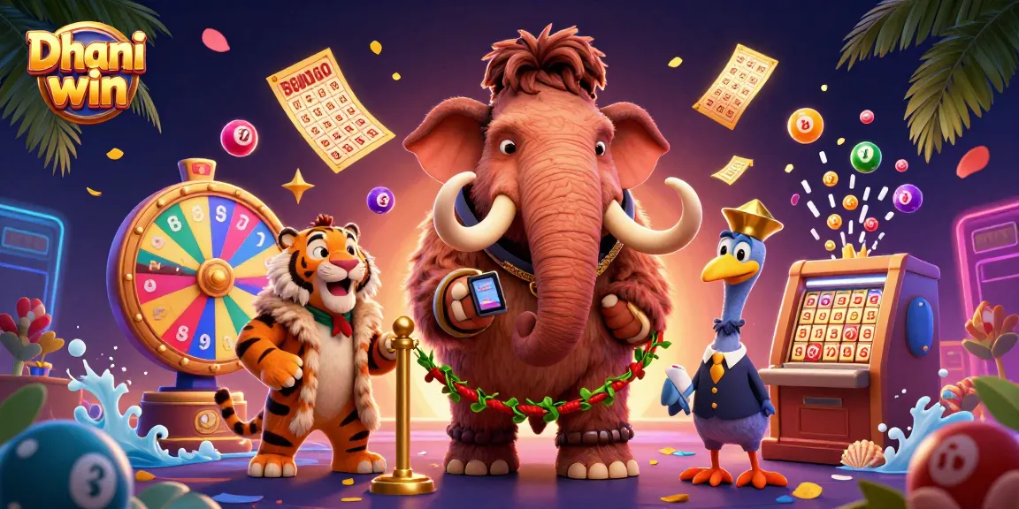 Experience the thrill of Dhani win games with colorful lottery balls, dynamic characters, and vibrant casino graphics.