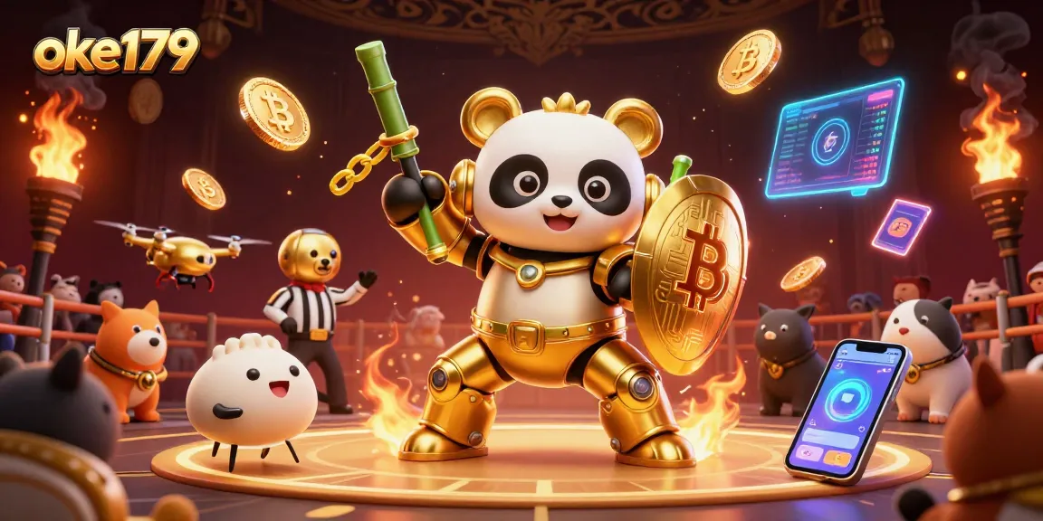 Experience thrilling cockfighting action at oke179 with animated golden panda and flying crypto coins.
