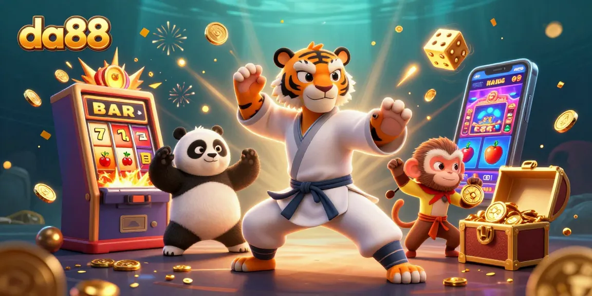 Engage with da88's vibrant 3D illustration showcasing exciting slot jackpots and playful casino characters.