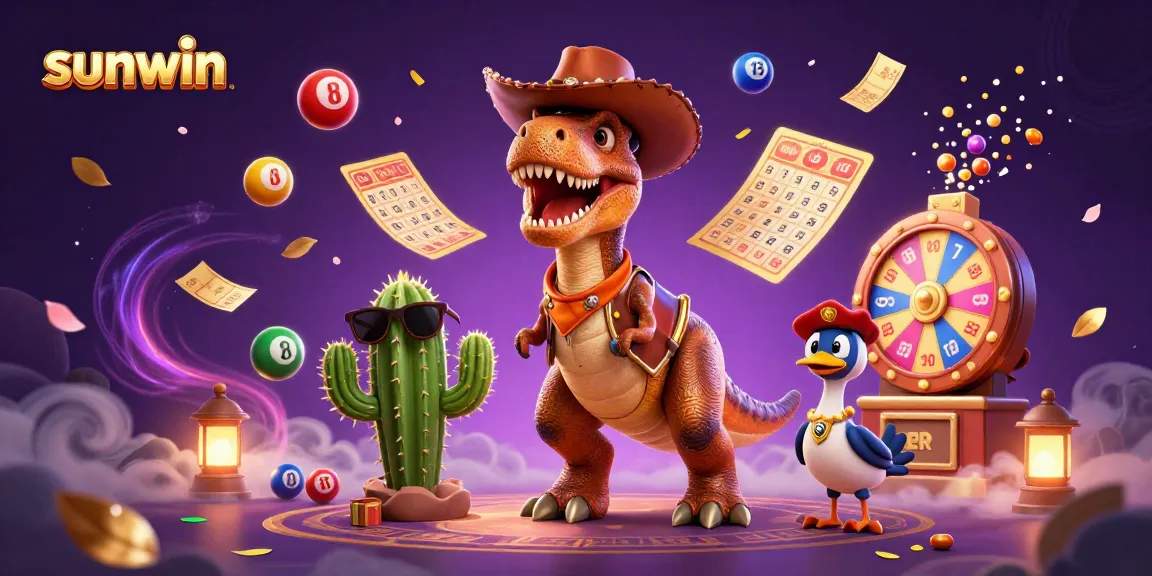 Experience thrilling excitement with sunwin's animated lottery elements featuring a cowboy dinosaur and friends.