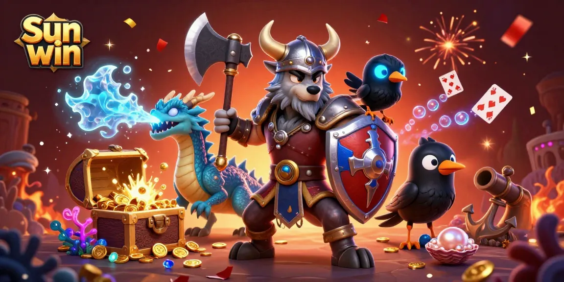 Experience the excitement of Sun win with a dynamic scene featuring a Viking wolf, fiery dragon, and treasures.