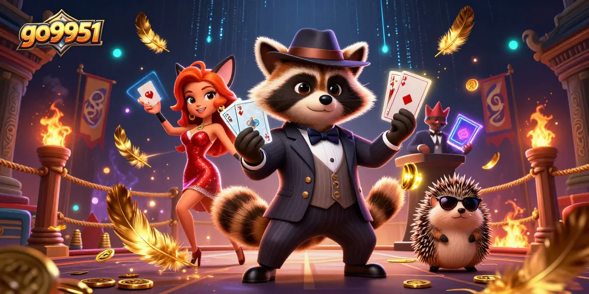 Experience thrilling gaming with go9951, as a suave raccoon holds a royal flush in an exhilarating casino setting.