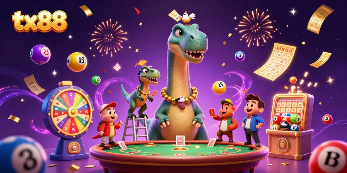 tx88 casino illustration showcasing a giant brontosaurus, dynamic lottery elements and festive confetti
