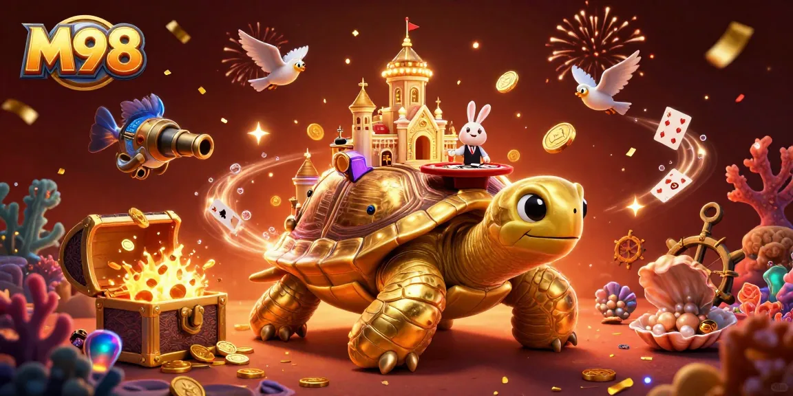 M98 casino scene with a golden tortoise, rabbit dealer, and colorful treasure elements.