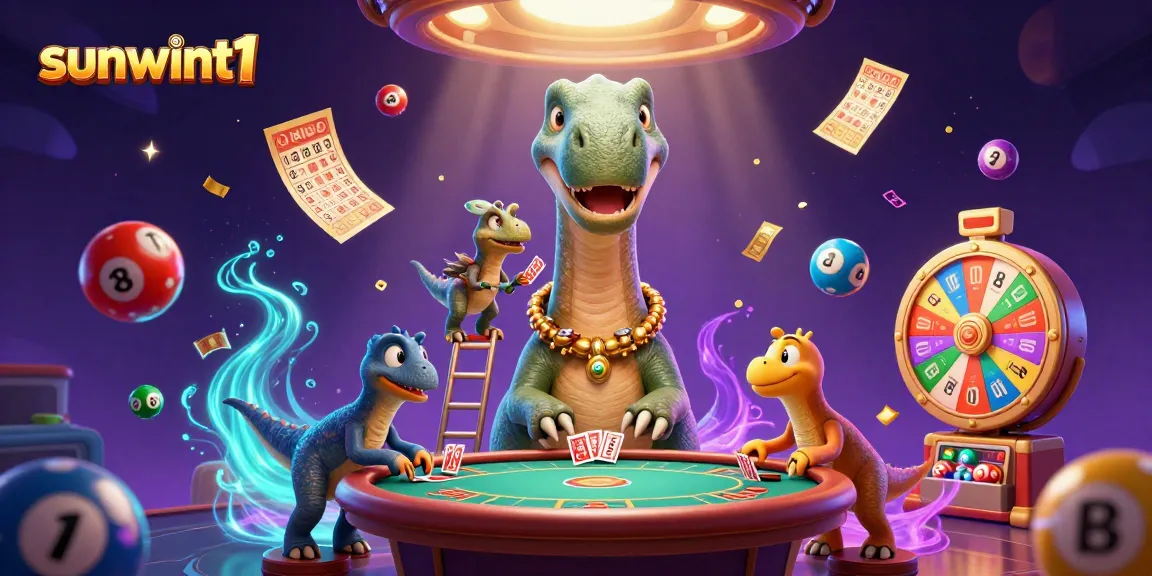 Engage with sunwint1's vibrant casino experience featuring a playful brontosaurus and lively gaming elements.