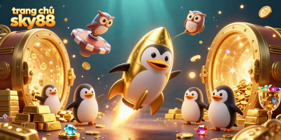Experience the exciting world of trang chủ sky88 through an engaging 3D casino illustration featuring a golden penguin and treasure-filled background.