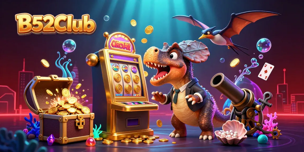 B52Club dinosaur theme battle at a casino with a golden slot machine payout and flying coins.
